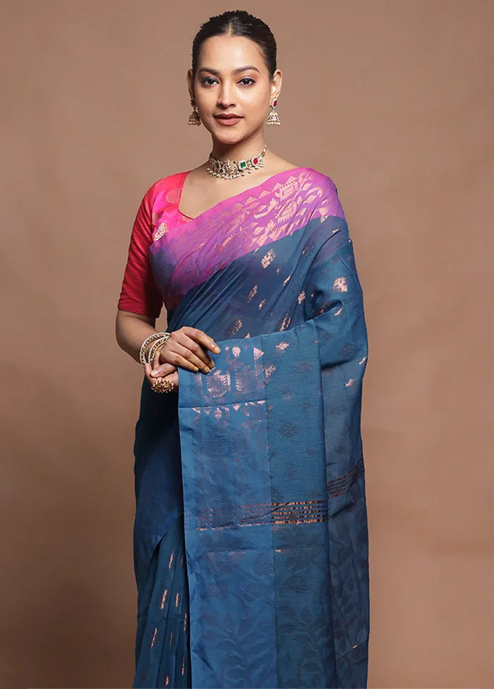 Blue Cotton Saree With Blouse Piece
