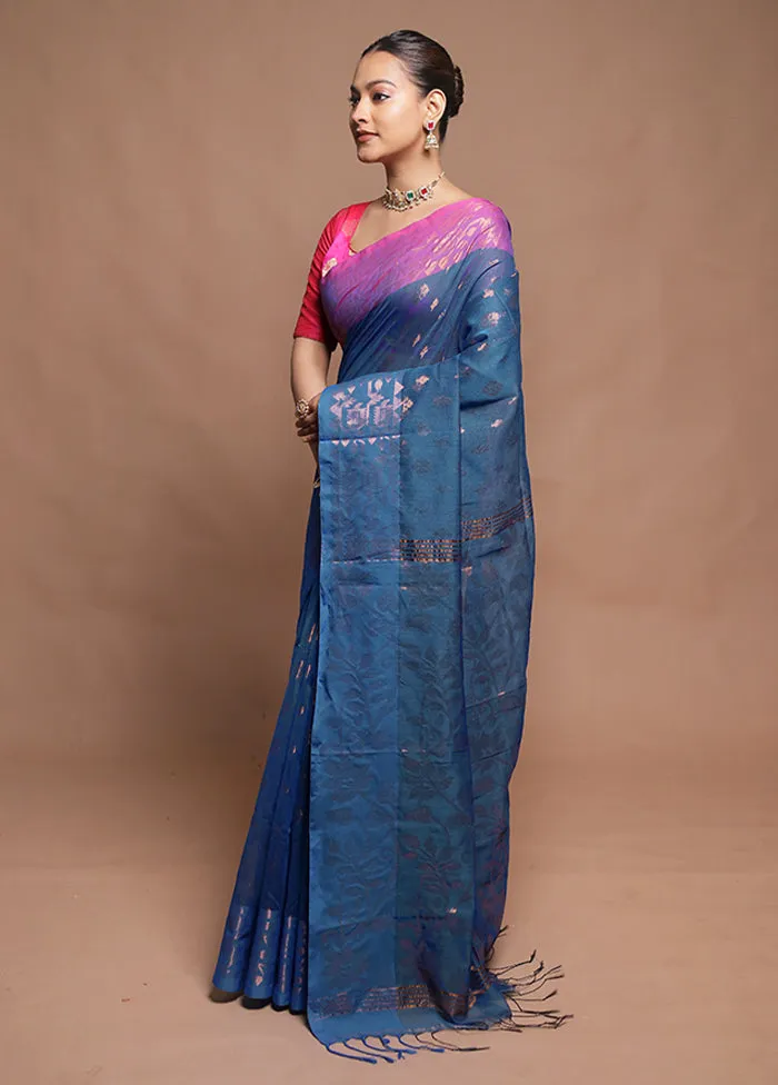 Blue Cotton Saree With Blouse Piece