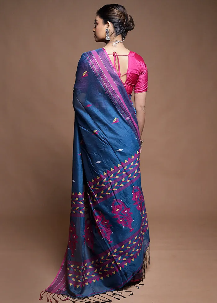 Blue Pure Cotton Saree With Blouse Piece