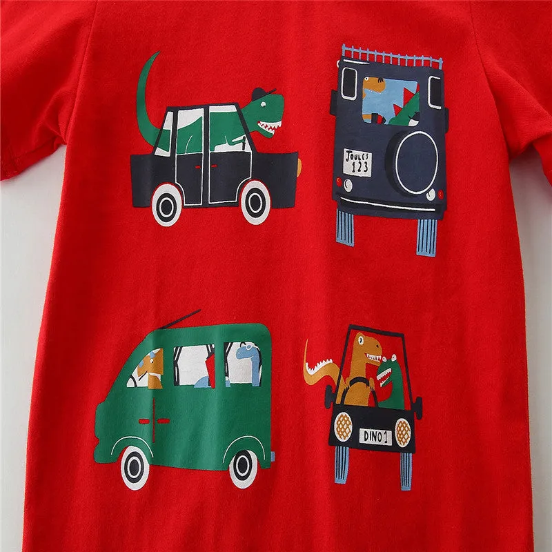 Boys Cartoon Cars Short Sleeve Cotton T-shirt - Red