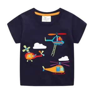 Boys Summer Cartoon Animals Cotton T-shirt - Navy