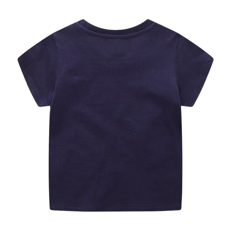 Boys Summer Cartoon Animals Cotton T-shirt - Navy