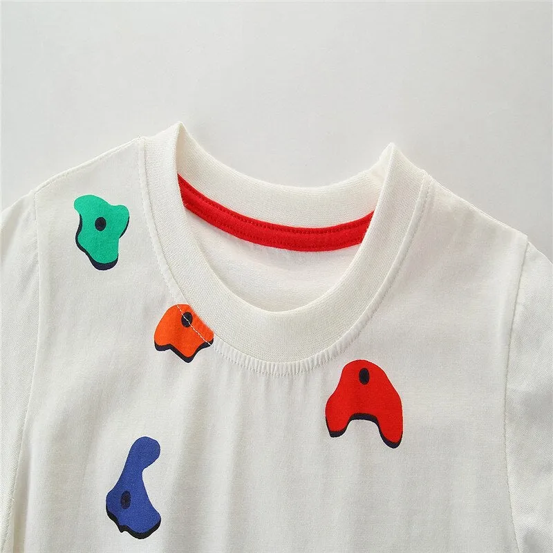 Boys Summer Cotton T-shirt with Cartoon Print - White