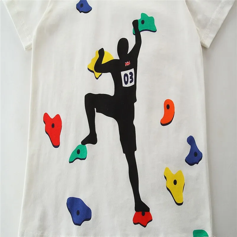 Boys Summer Cotton T-shirt with Cartoon Print - White