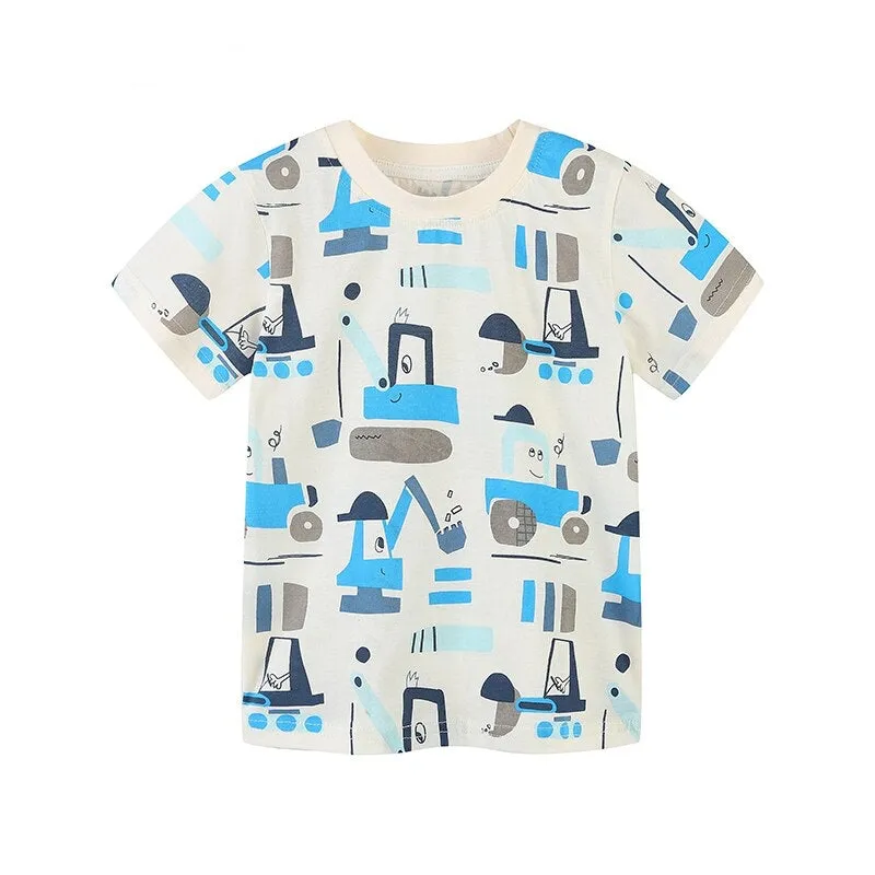 Boys Summer Short Sleeve Cartoon Rocket & Machinery Cotton T-shirts - Grey, White