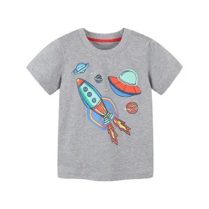 Boys Summer Short Sleeve Cartoon Rocket & Machinery Cotton T-shirts - Grey, White
