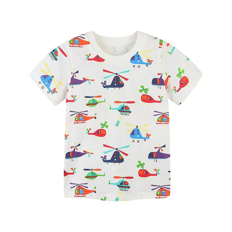 Boys Summer Short Sleeve Cartoon Rocket & Machinery Cotton T-shirts - Grey, White