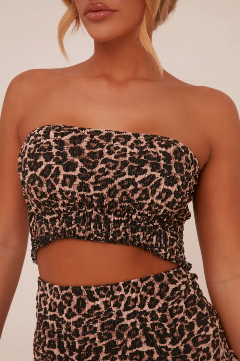 Brown Leopard Print Shirring Detail Bandeau Cropped Top - Azani