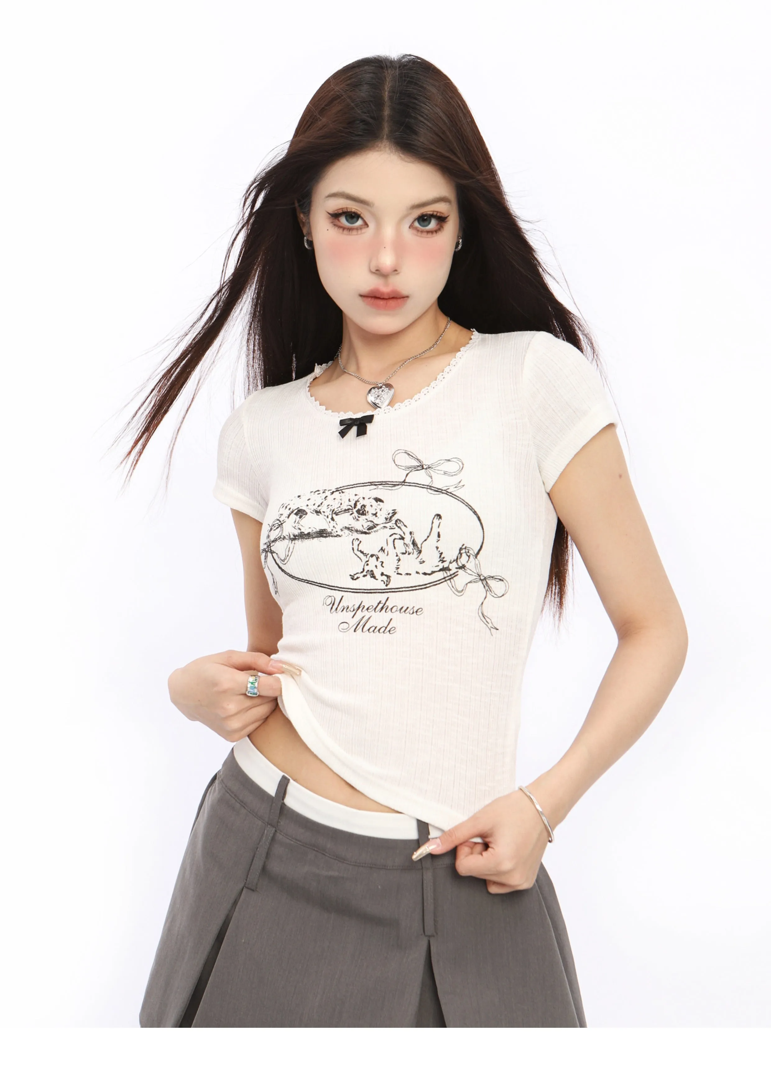 Butterfly Print Slim Lace Top