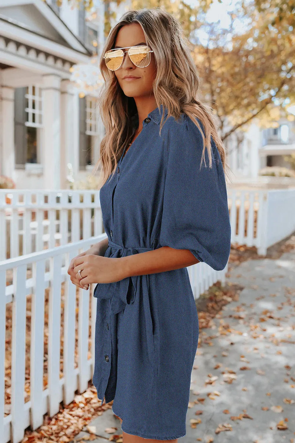 Buttoned Tie Waist Denim Shirt Mini Dress