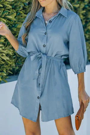 Buttoned Tie Waist Denim Shirt Mini Dress