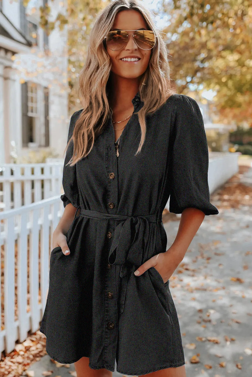 Buttoned Tie Waist Denim Shirt Mini Dress