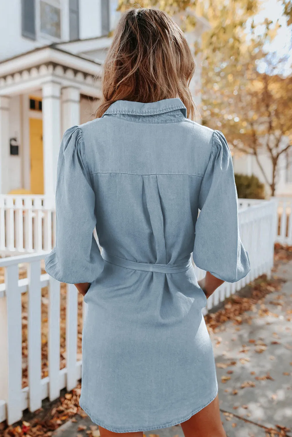 Buttoned Tie Waist Denim Shirt Mini Dress