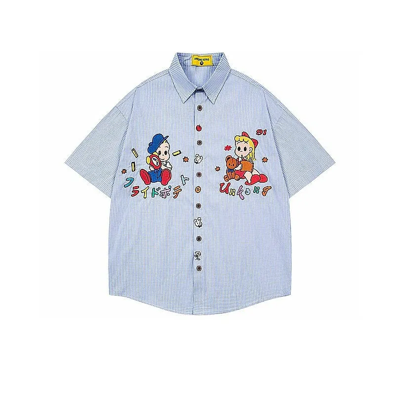 Cartoon Embroidered Plaid Short-Sleeve Shirt