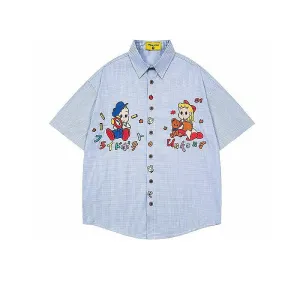 Cartoon Embroidered Plaid Short-Sleeve Shirt