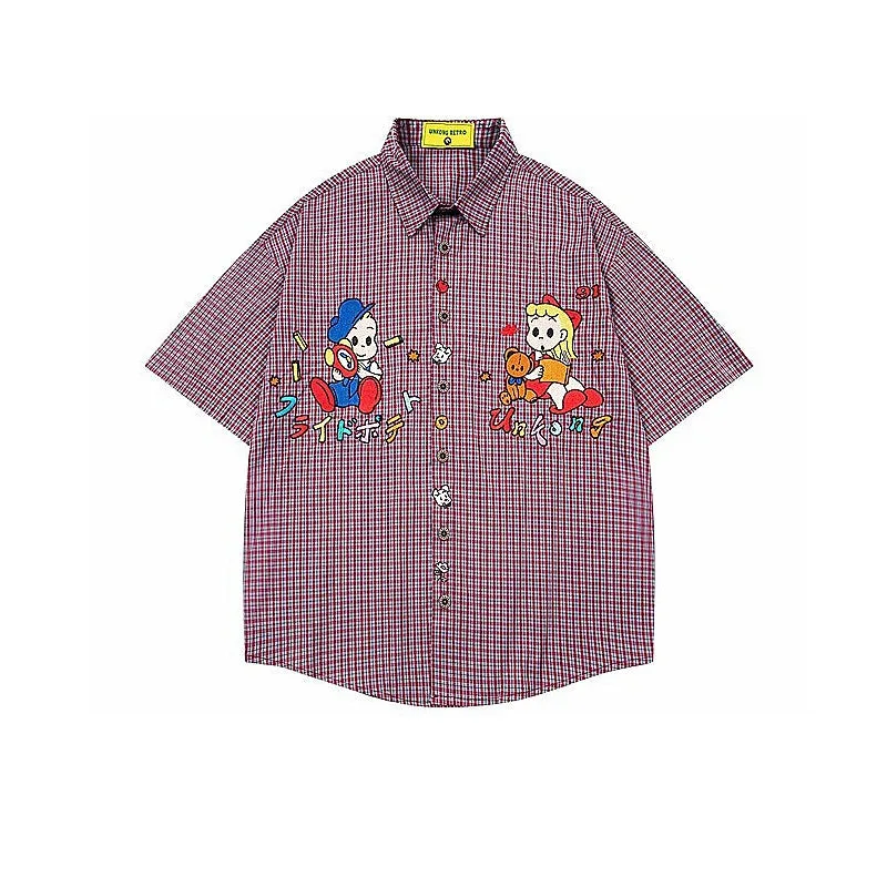 Cartoon Embroidered Plaid Short-Sleeve Shirt