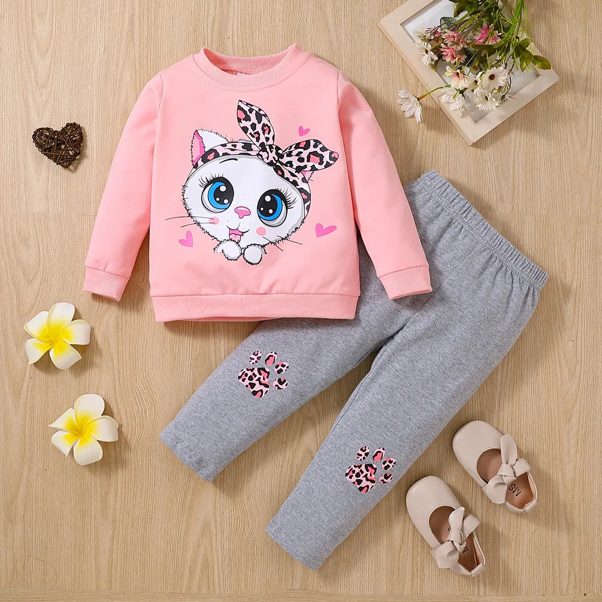 Cat print blouse   trousers soft girls casual cartoon suit cotton kids clothing