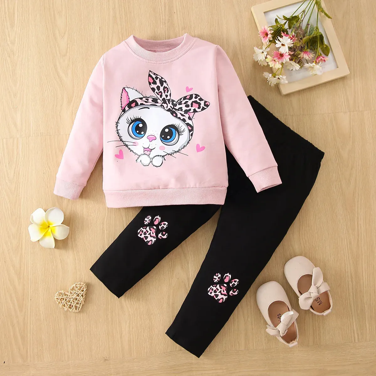 Cat print blouse   trousers soft girls casual cartoon suit cotton kids clothing