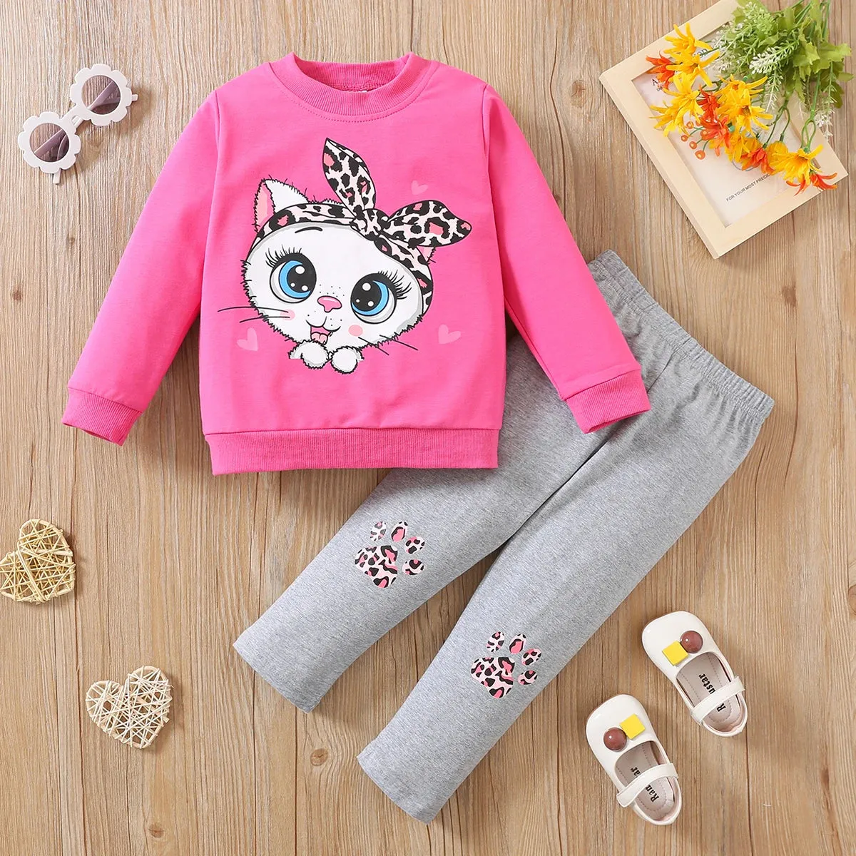 Cat print blouse   trousers soft girls casual cartoon suit cotton kids clothing
