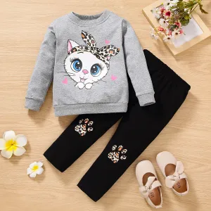 Cat print blouse   trousers soft girls casual cartoon suit cotton kids clothing