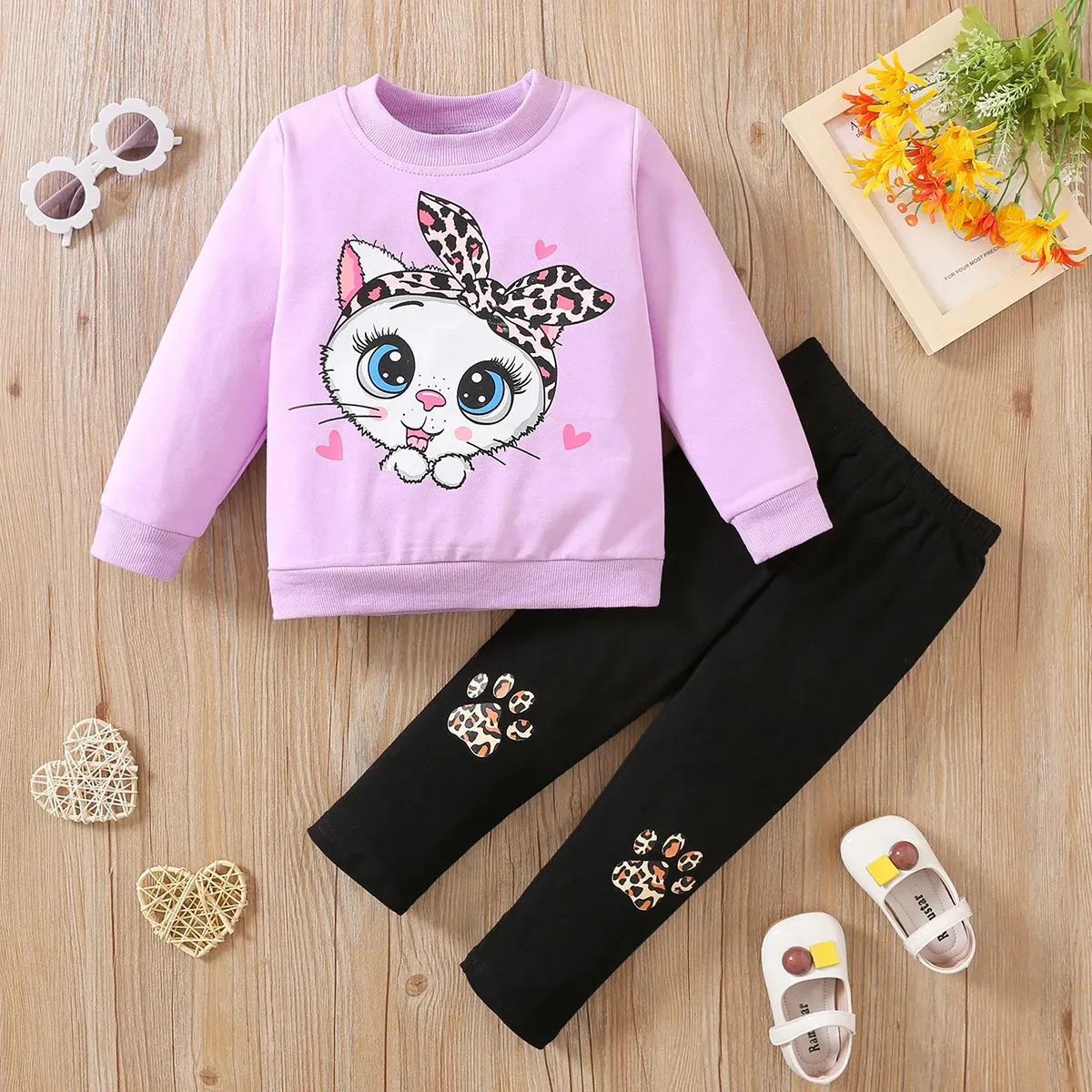 Cat print blouse   trousers soft girls casual cartoon suit cotton kids clothing