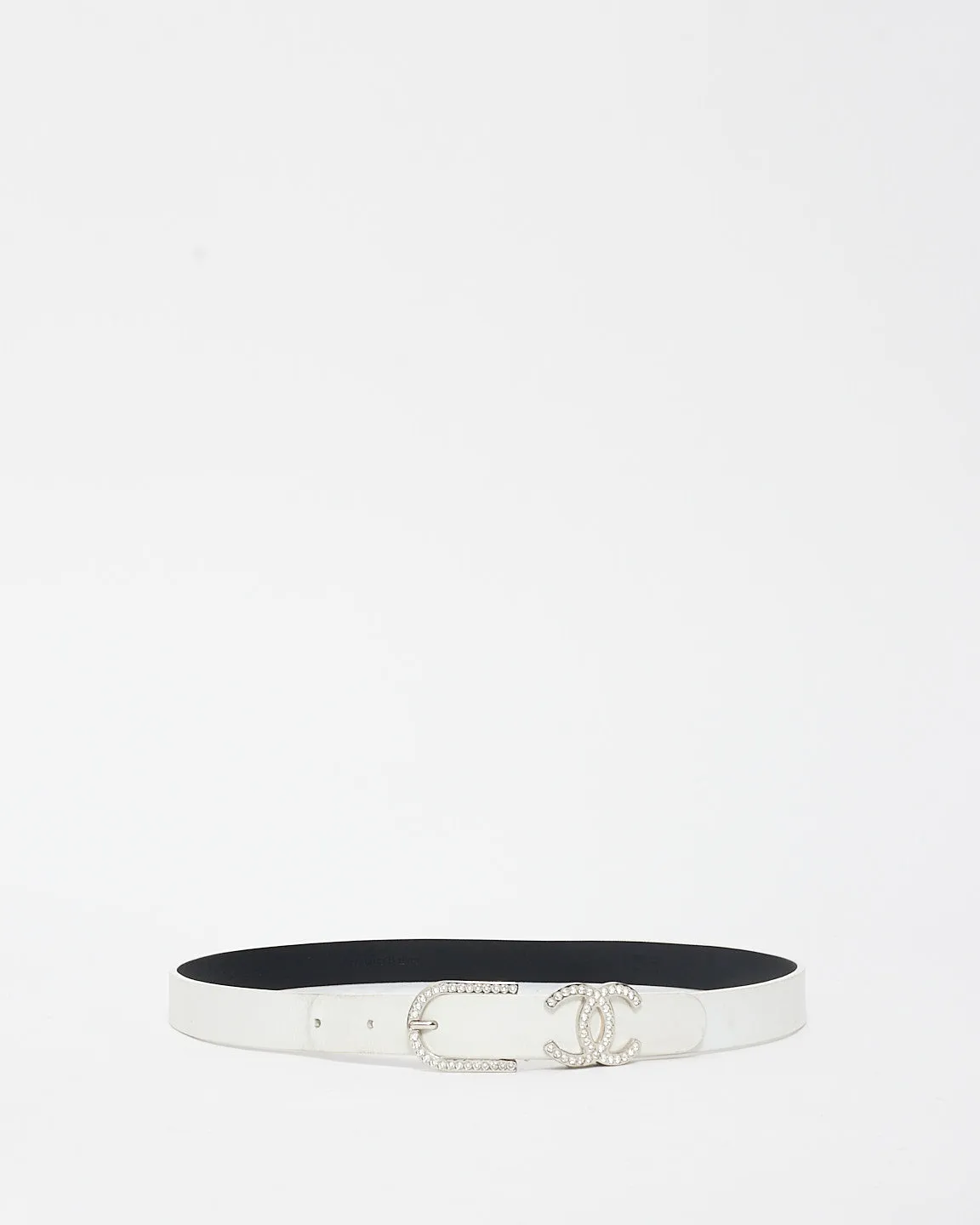 Chanel White Leather & Crystal Logo Belt - 75/30