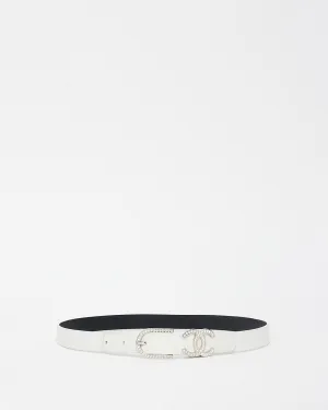 Chanel White Leather & Crystal Logo Belt - 75/30