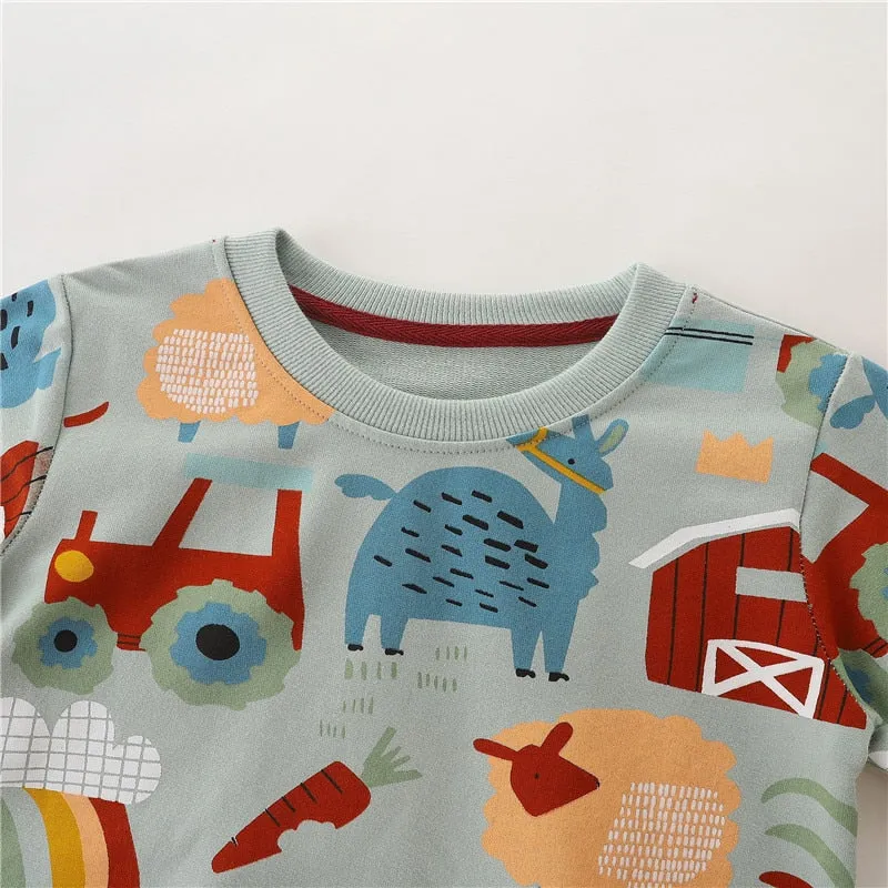 Children's Cartoon Animals Print Long Sleeve Cotton Sweatshirt - Grey, Red, Brown
