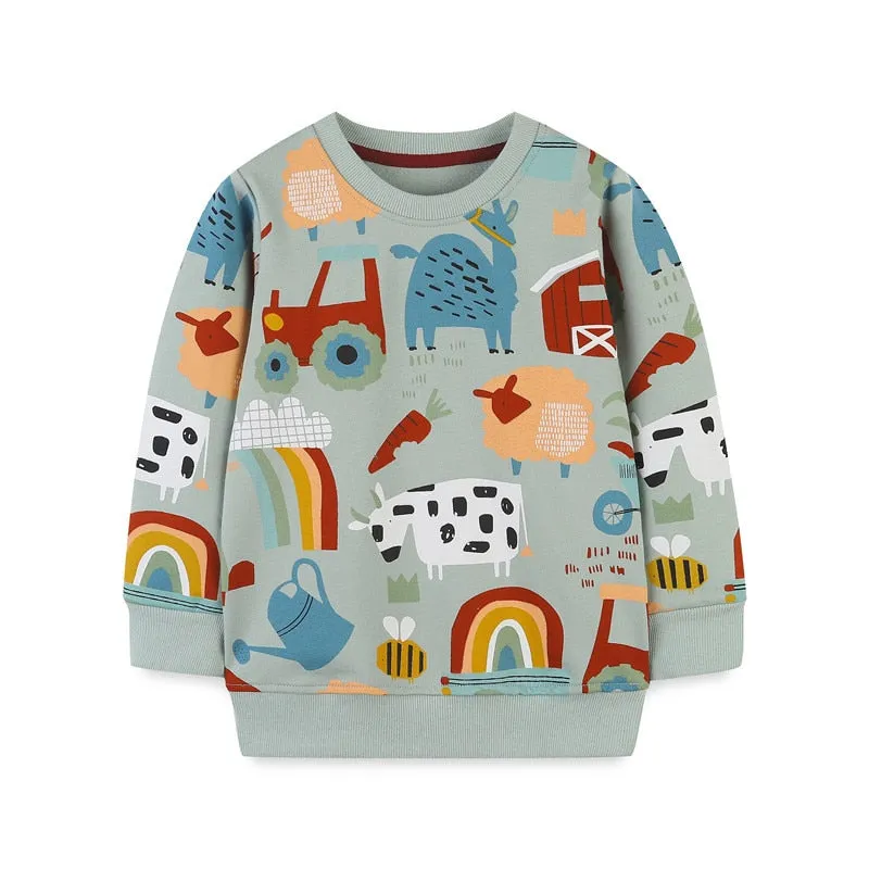 Children's Cartoon Animals Print Long Sleeve Cotton Sweatshirt - Grey, Red, Brown