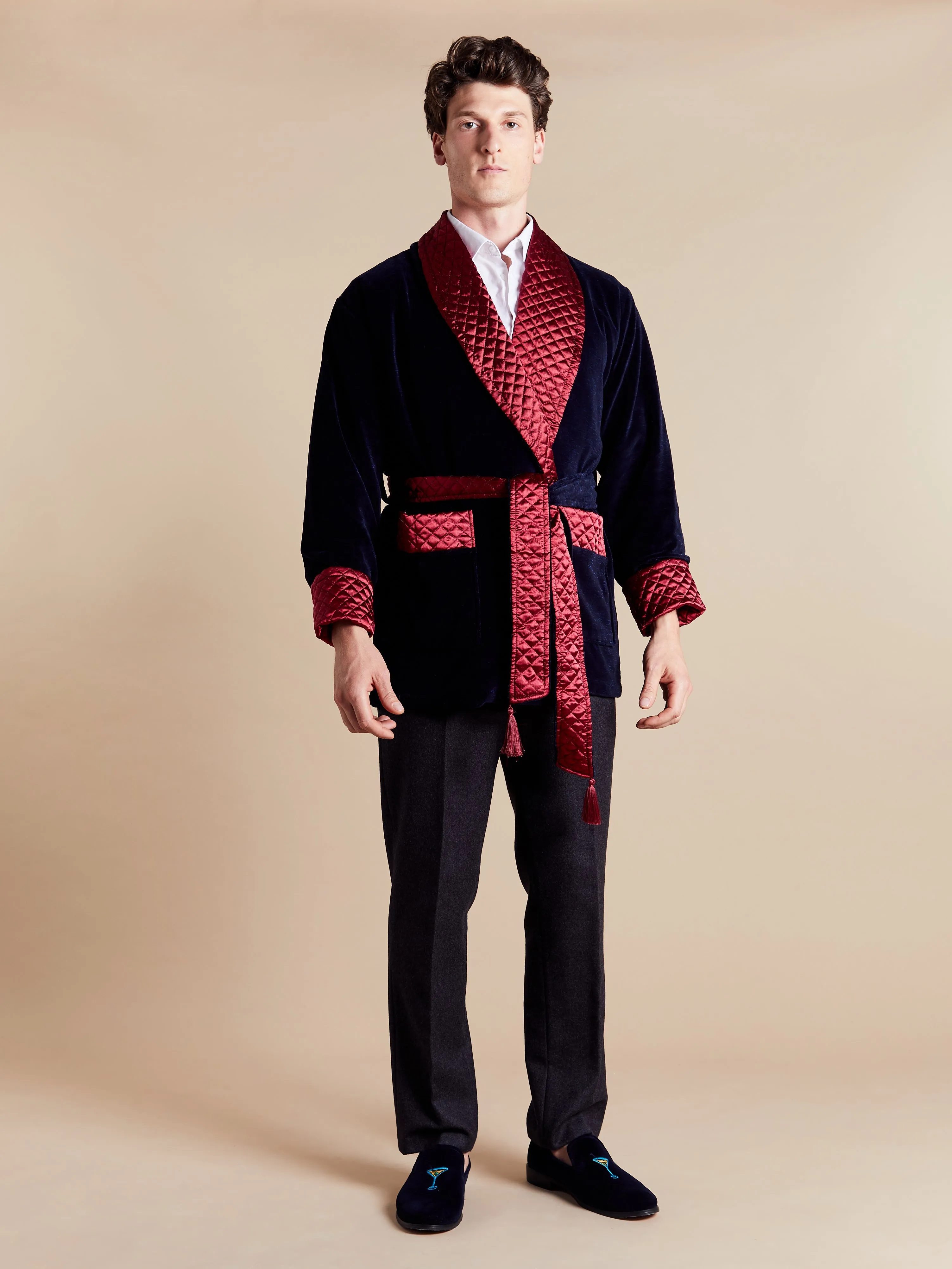 Cliveden Short Velvet Navy Smoking Jacket with Quilted Satin Collar
