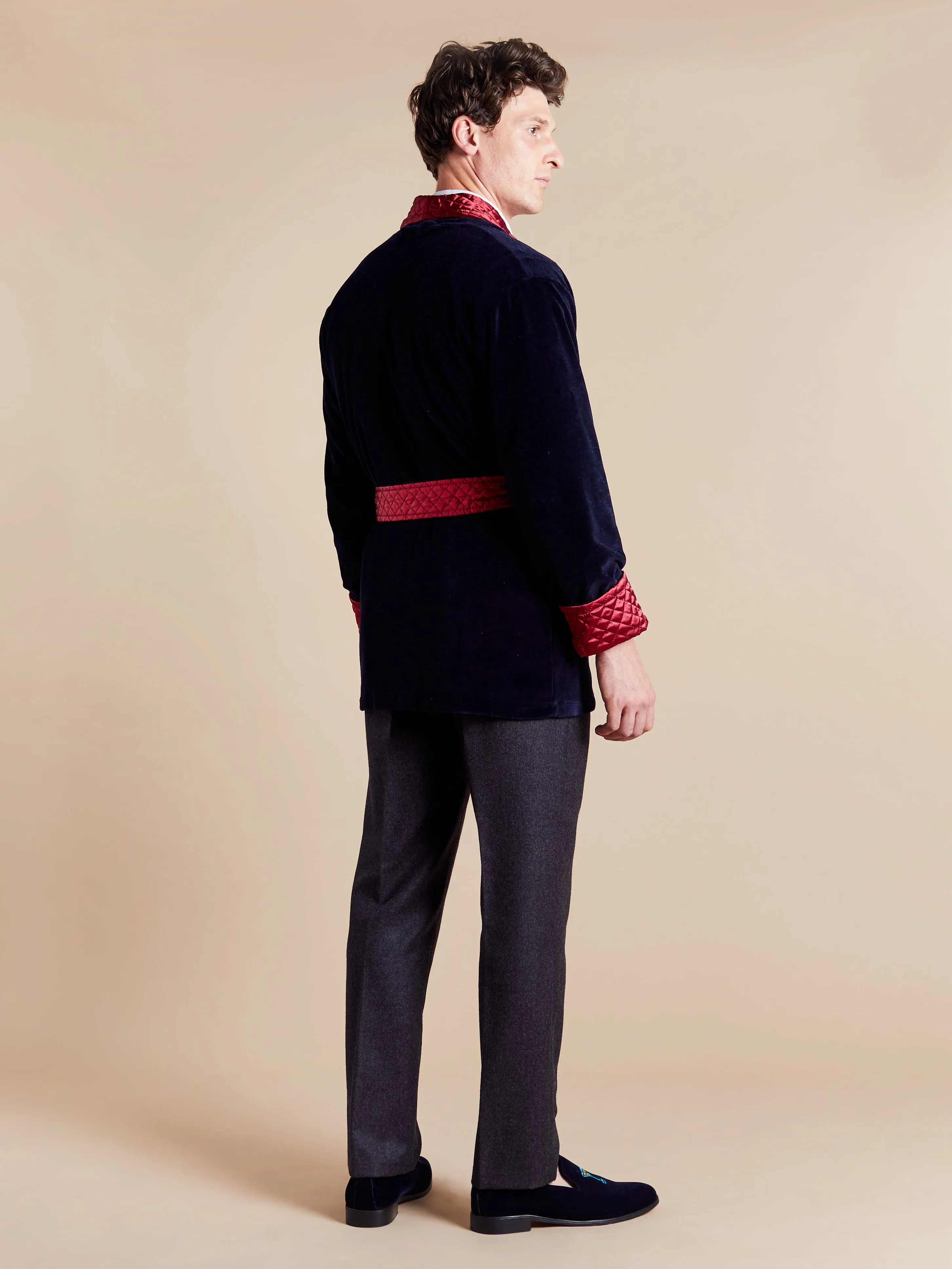 Cliveden Short Velvet Navy Smoking Jacket with Quilted Satin Collar