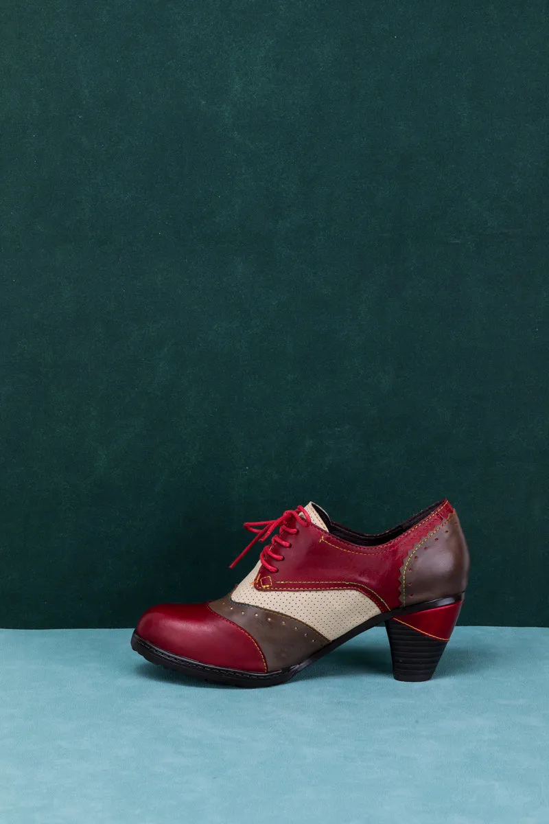 Color Block Block Heel Leather Oxford - Red