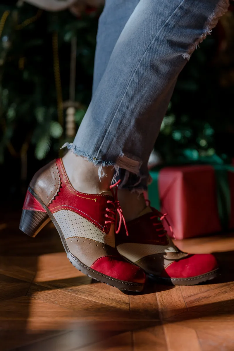 Color Block Block Heel Leather Oxford - Red