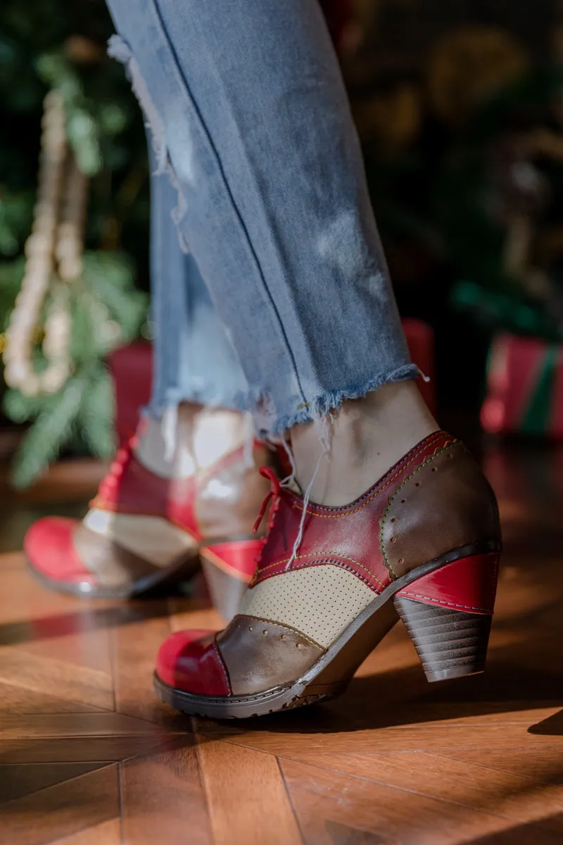 Color Block Block Heel Leather Oxford - Red