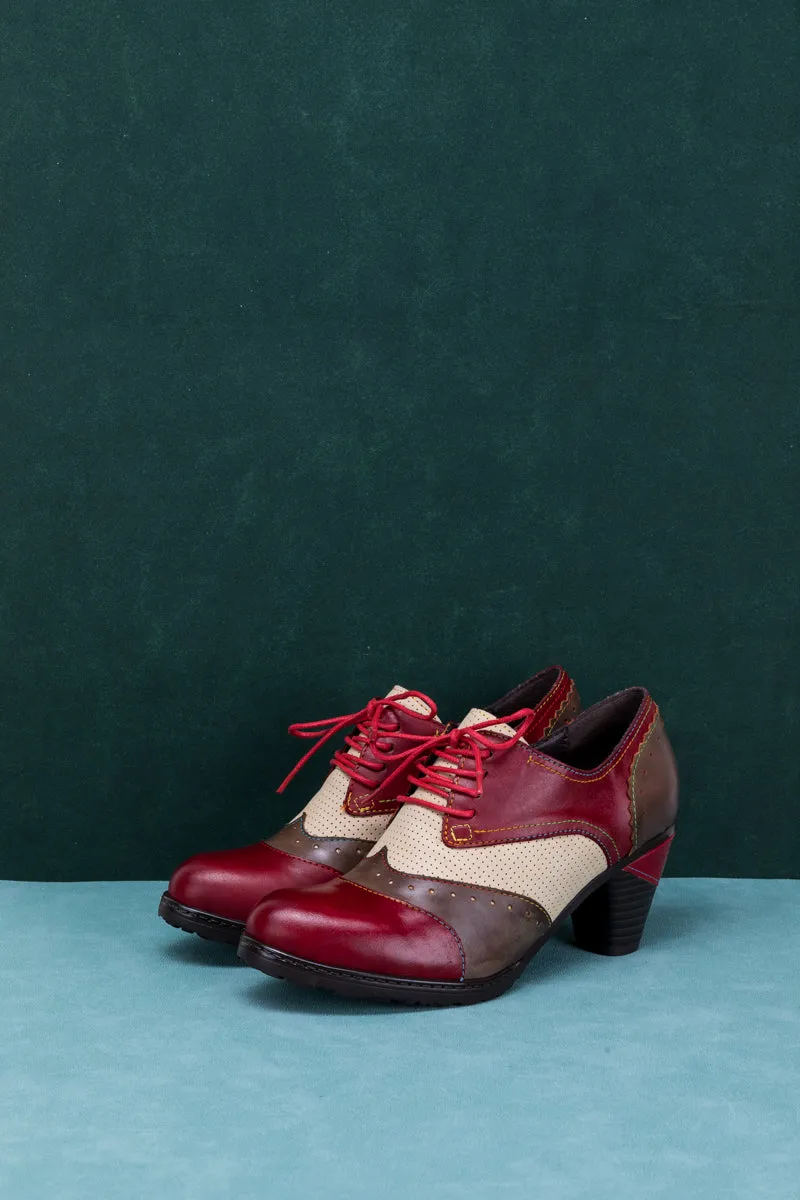 Color Block Block Heel Leather Oxford - Red