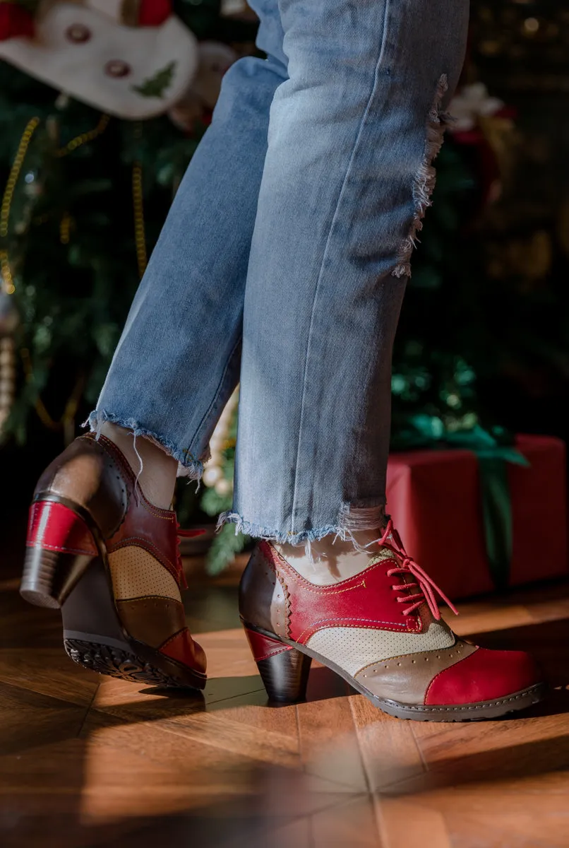 Color Block Block Heel Leather Oxford - Red