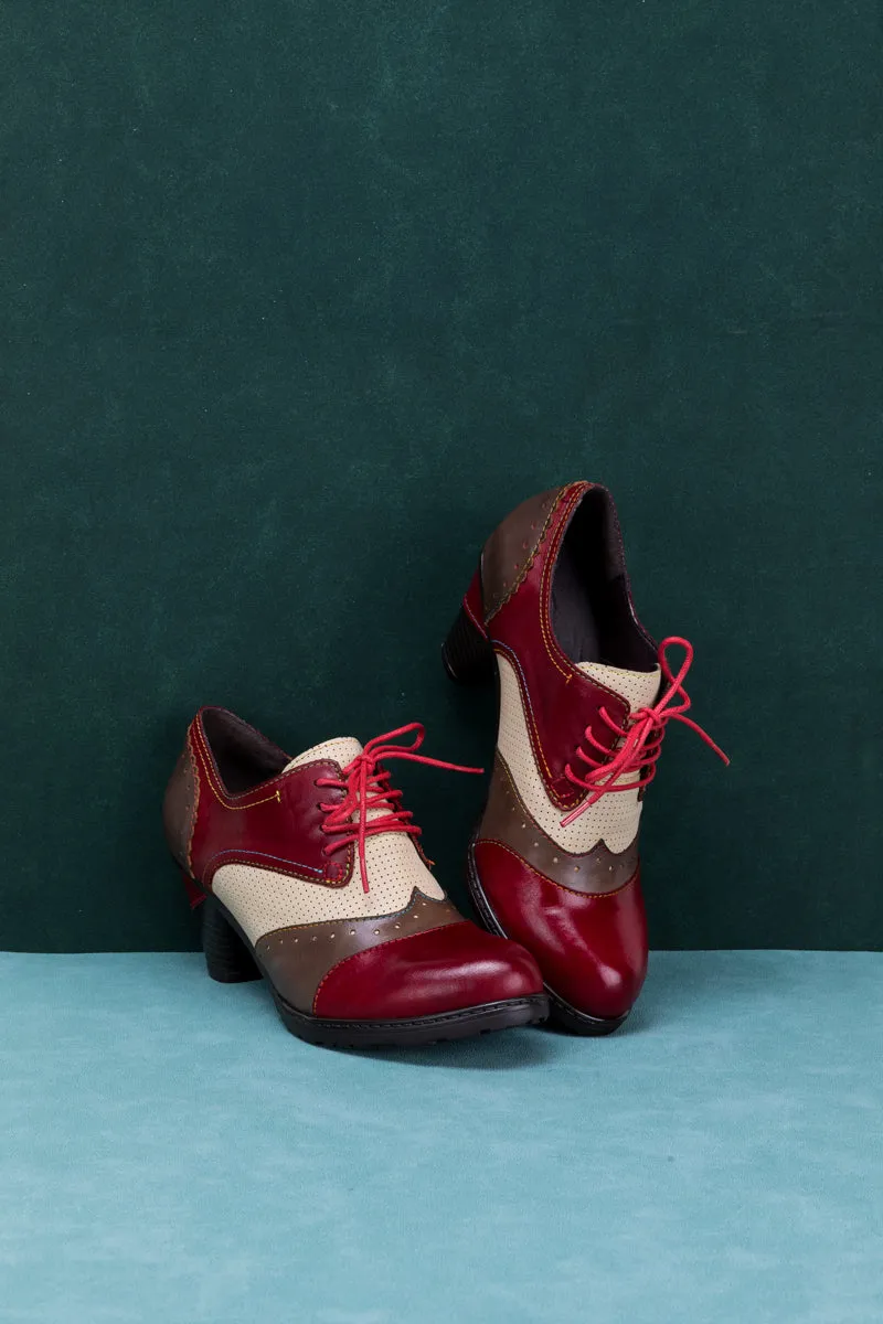 Color Block Block Heel Leather Oxford - Red