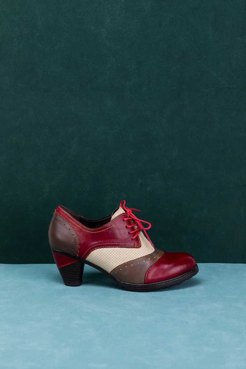 Color Block Block Heel Leather Oxford - Red