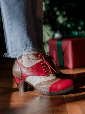 Color Block Block Heel Leather Oxford - Red