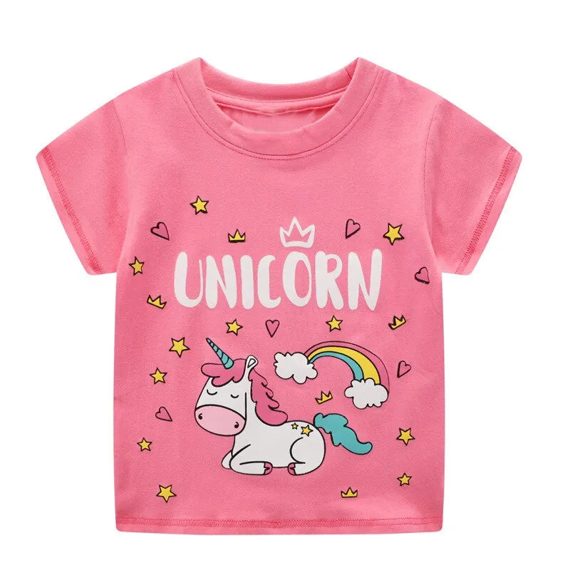 Cotton Cartoon Print Short-Sleeved T-Shirts for Kids - Pink, Red, Yellow, White