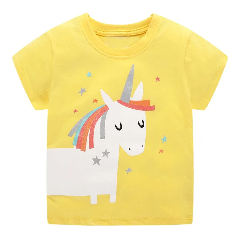 Cotton Cartoon Print Short-Sleeved T-Shirts for Kids - Pink, Red, Yellow, White
