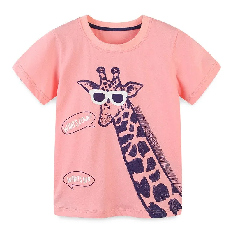 Cotton Cartoon Print Short-Sleeved T-Shirts for Kids - Pink, Red, Yellow, White