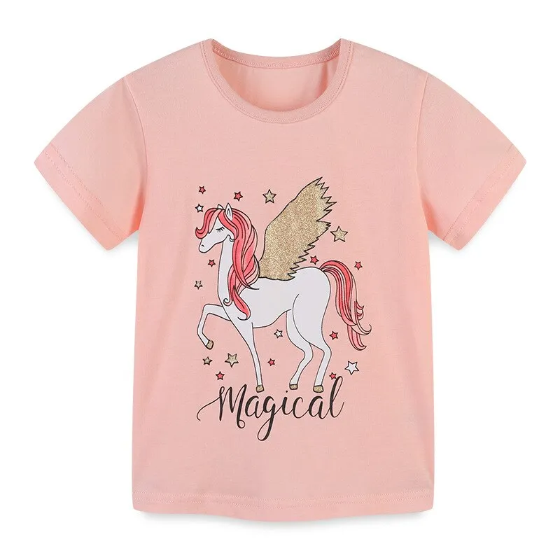 Cotton Cartoon Print Short-Sleeved T-Shirts for Kids - Pink, Red, Yellow, White