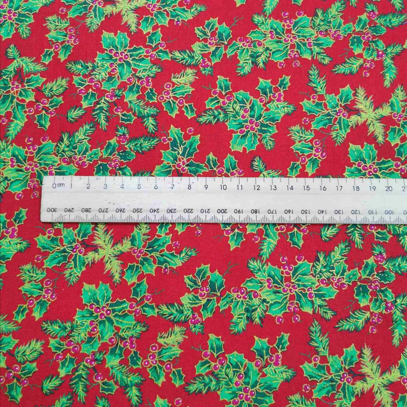 Cotton Poplin, Christmas Holly, Red