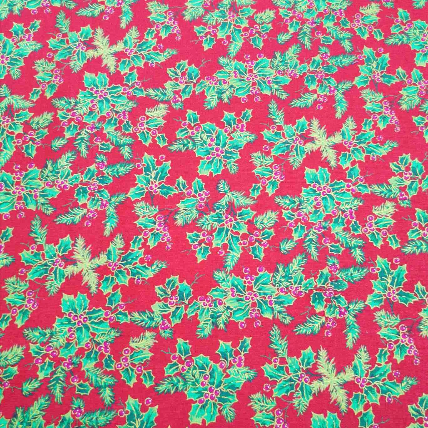 Cotton Poplin, Christmas Holly, Red
