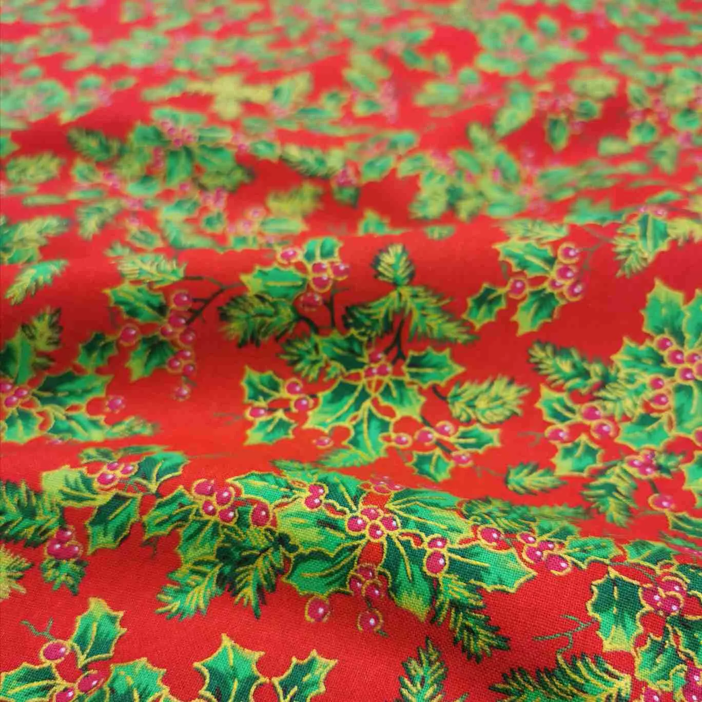 Cotton Poplin, Christmas Holly, Red