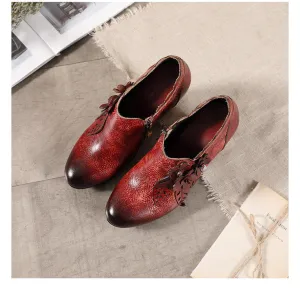 CrazycatZ Leather Pumps,Women Colorful Vintage Block Heel Oxford Vintage Floral Shoes Red