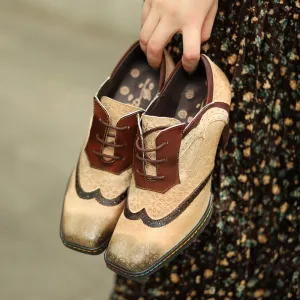 CrazycatZ Leather Pumps,Women Colorful Vintage Block Heel Oxford Vintage Shoes