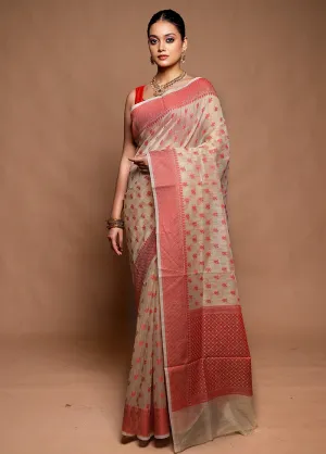 Cream Cotton Saree With Blouse Piece