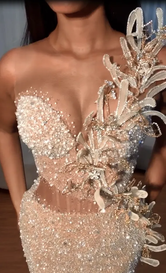 Crew Neck Sleeveless Glitter Sequins  Mermaid Prom Dresses With Slit